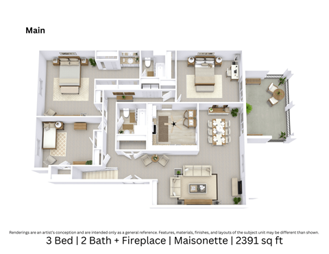 3D floor plan offering a detailed angled view of a 3-bedroom, 2-bath Maisonette with a fireplace, furniture placement, and flow over 2,391 Sq. Ft.